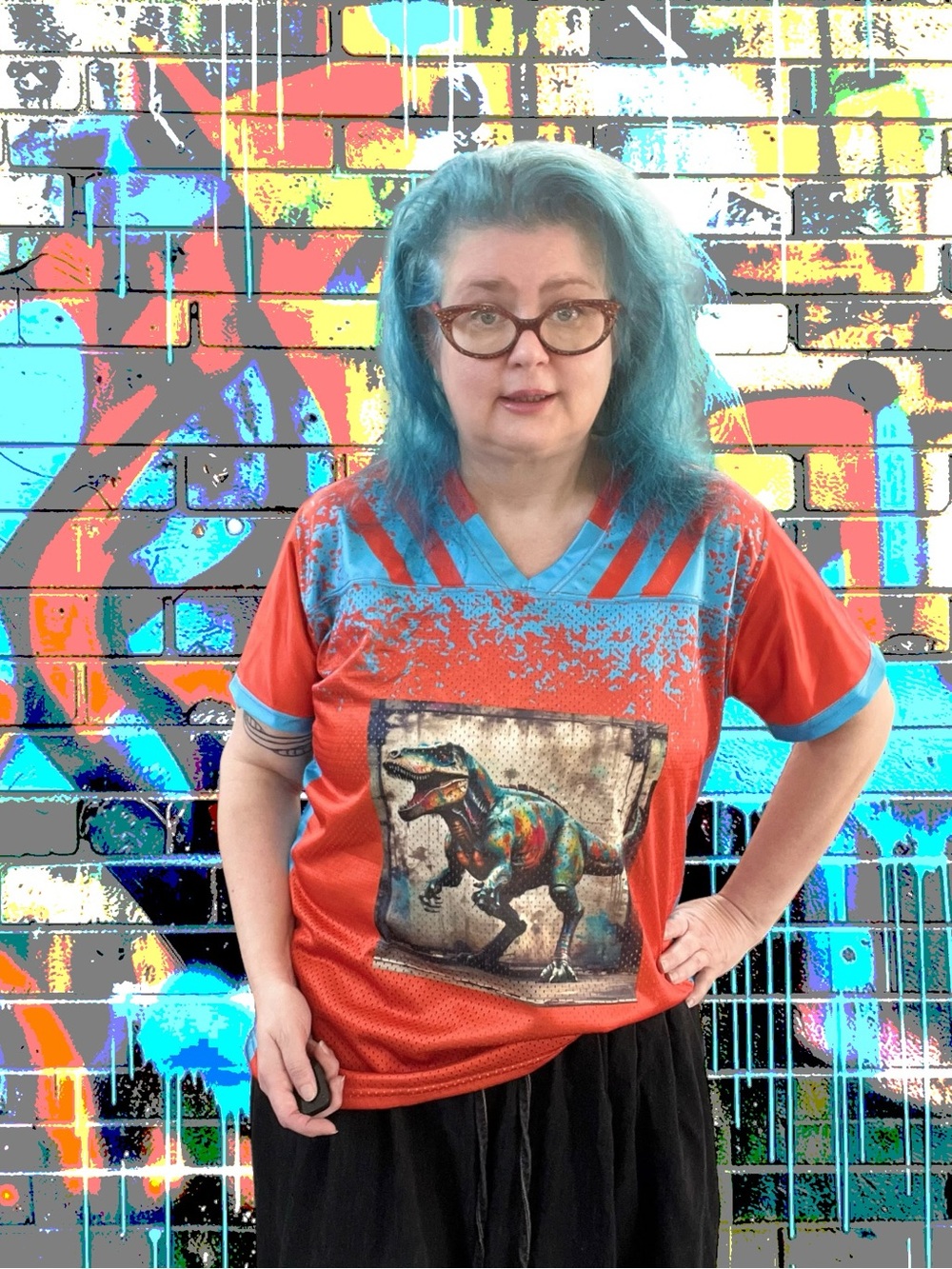 Tipsy Merch Women's Cut Football Jersey with Graffiti T-Rex in Orange & Teal